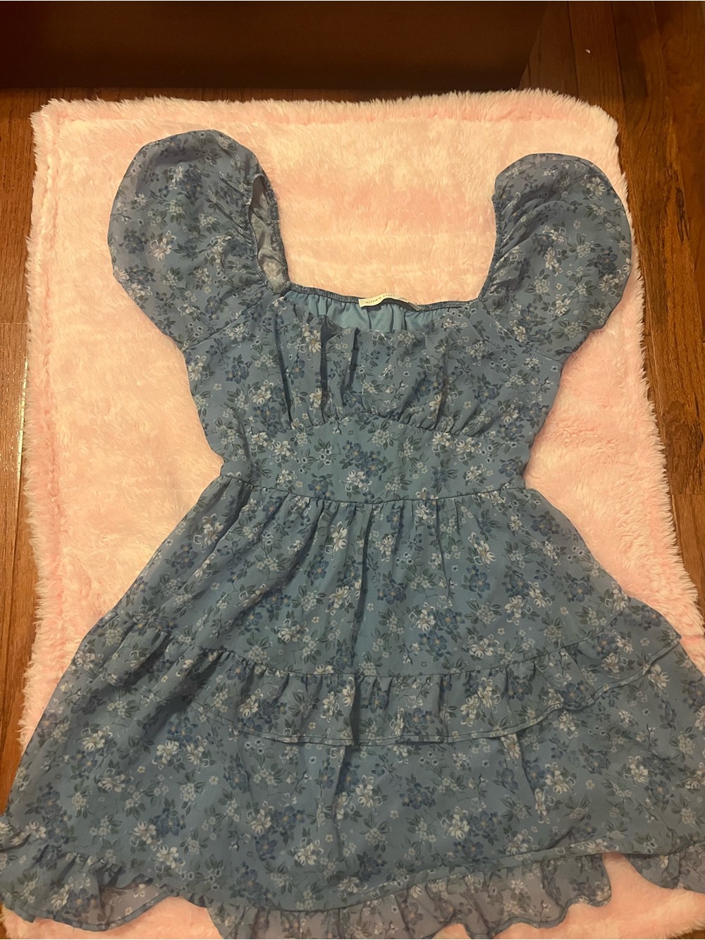 Altar'd State Dusty Blue Floral Puff-Sleeve Dress